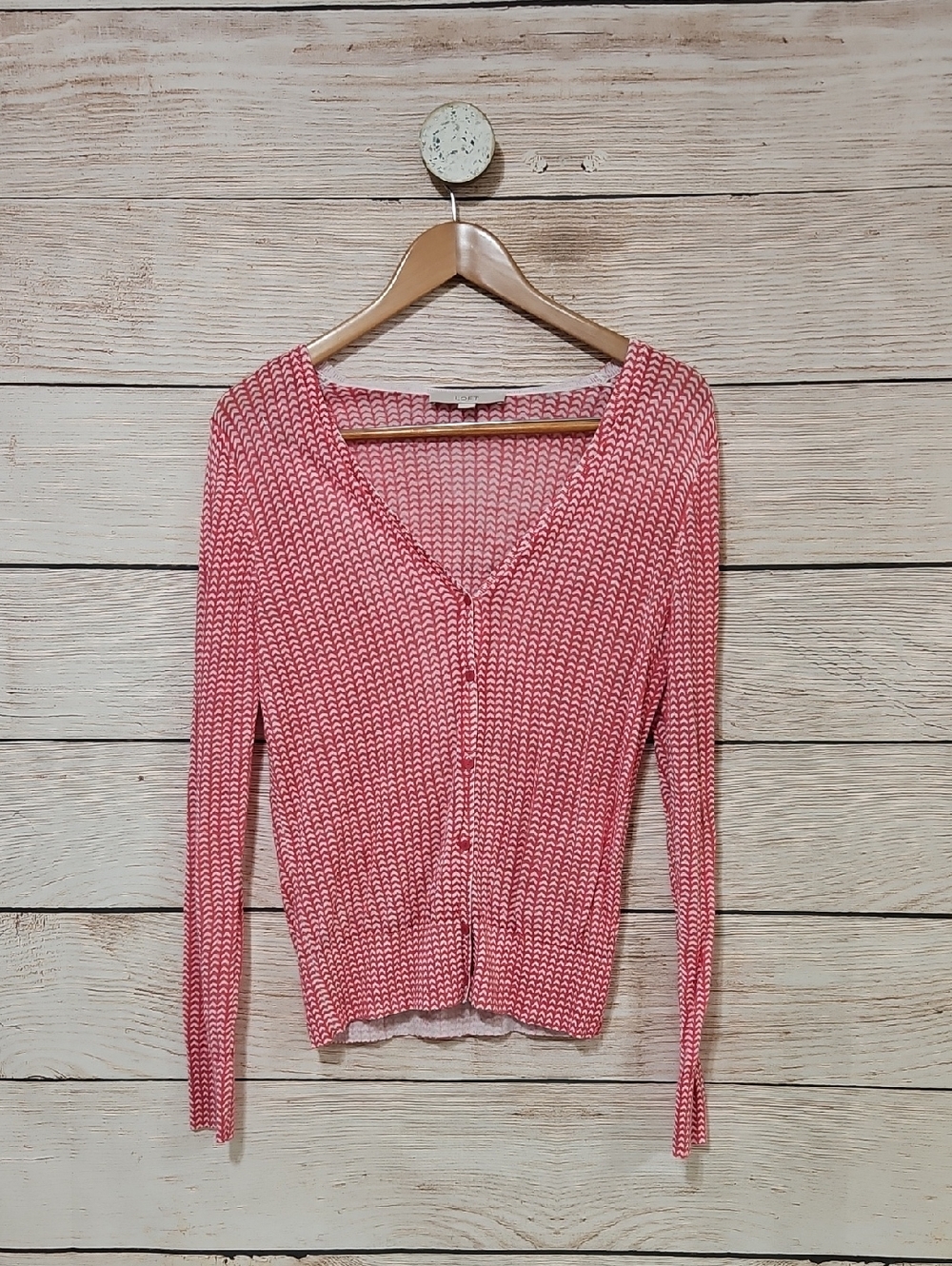 LOFT Pink and White Knit Button Lightweight Cardigan Large